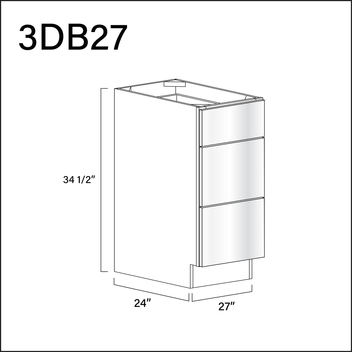 Glossy White Frameless 3 Drawer Kitchen Base Cabinet - 27" W x 34.5" H x 24" D