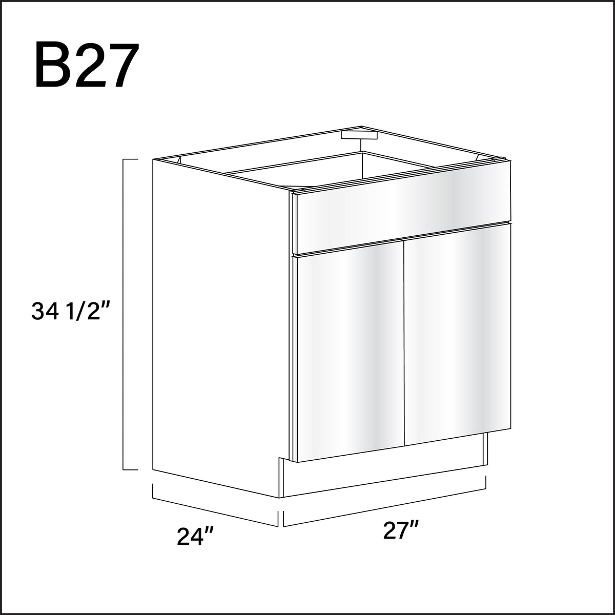 Glossy White Frameless 1 Drawer 2 Door Kitchen Base Cabinet - 27" W x 34.5" H x 24" D
