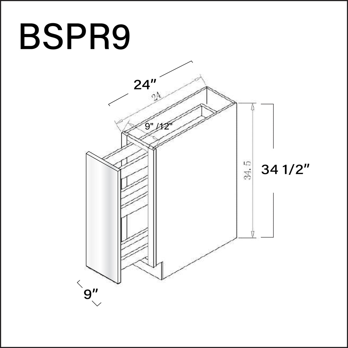 Glossy White Frameless Base Spice Rack Cabinet - 9" W x 34.5" H x 24" D