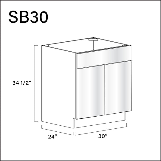 Glossy White Frameless Sink Base Kitchen Cabinet - 30" W x 34.5" H x 24" D