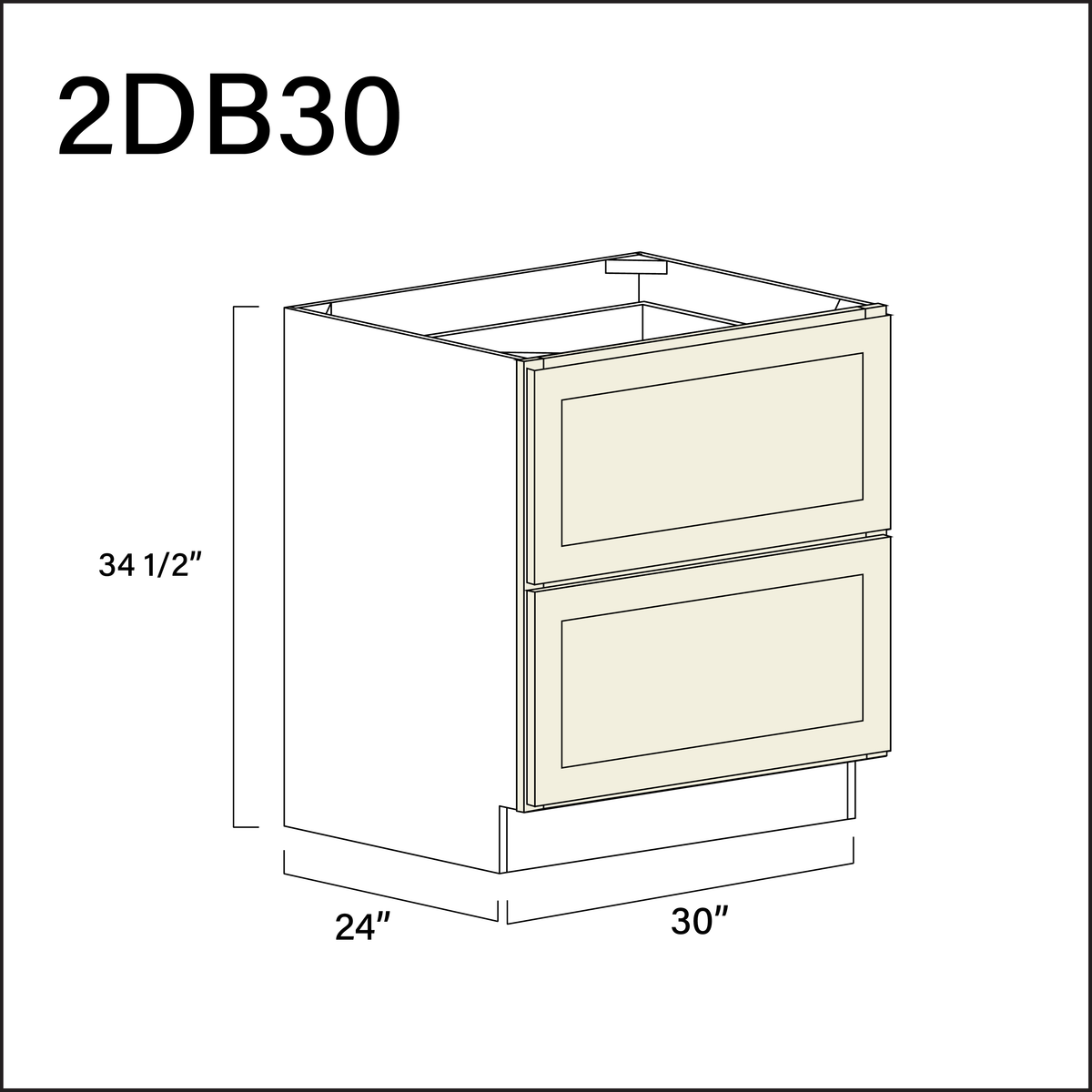 Milkshake White 2 Drawer Kitchen Base Cabinet - 30" W x 34.5" H x 24" D