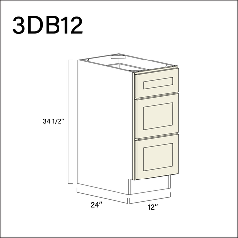 Milkshake White 3 Drawer Kitchen Base Cabinet - 12" W x 34.5" H x 24" D