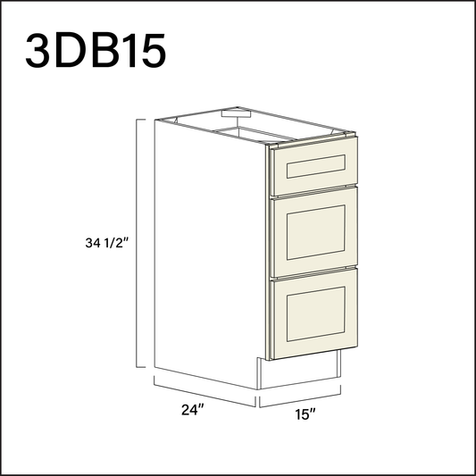Alton Ivory White 3 Drawer Kitchen Base Cabinet - 15" W x 34.5" H x 24" D