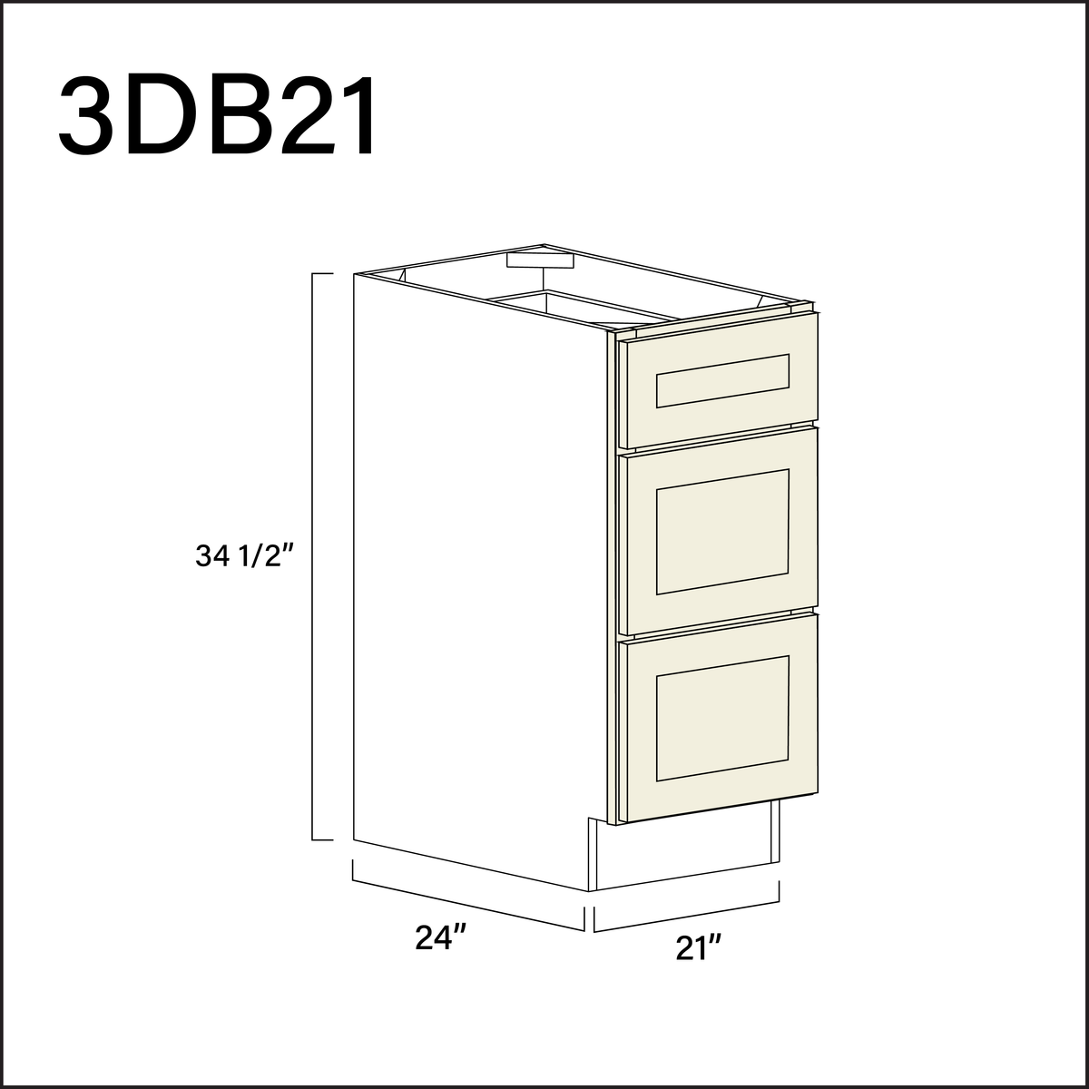 Milkshake White 3 Drawer Kitchen Base Cabinet - 21" W x 34.5" H x 24" D