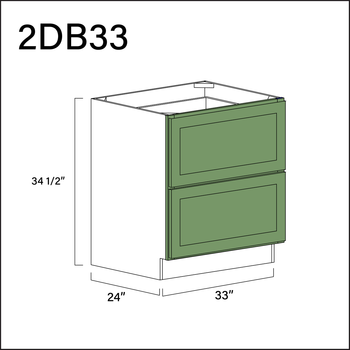 Emerald Green Shaker 2 Drawer Kitchen Base Cabinet - 33" W x 34.5" H x 24" D