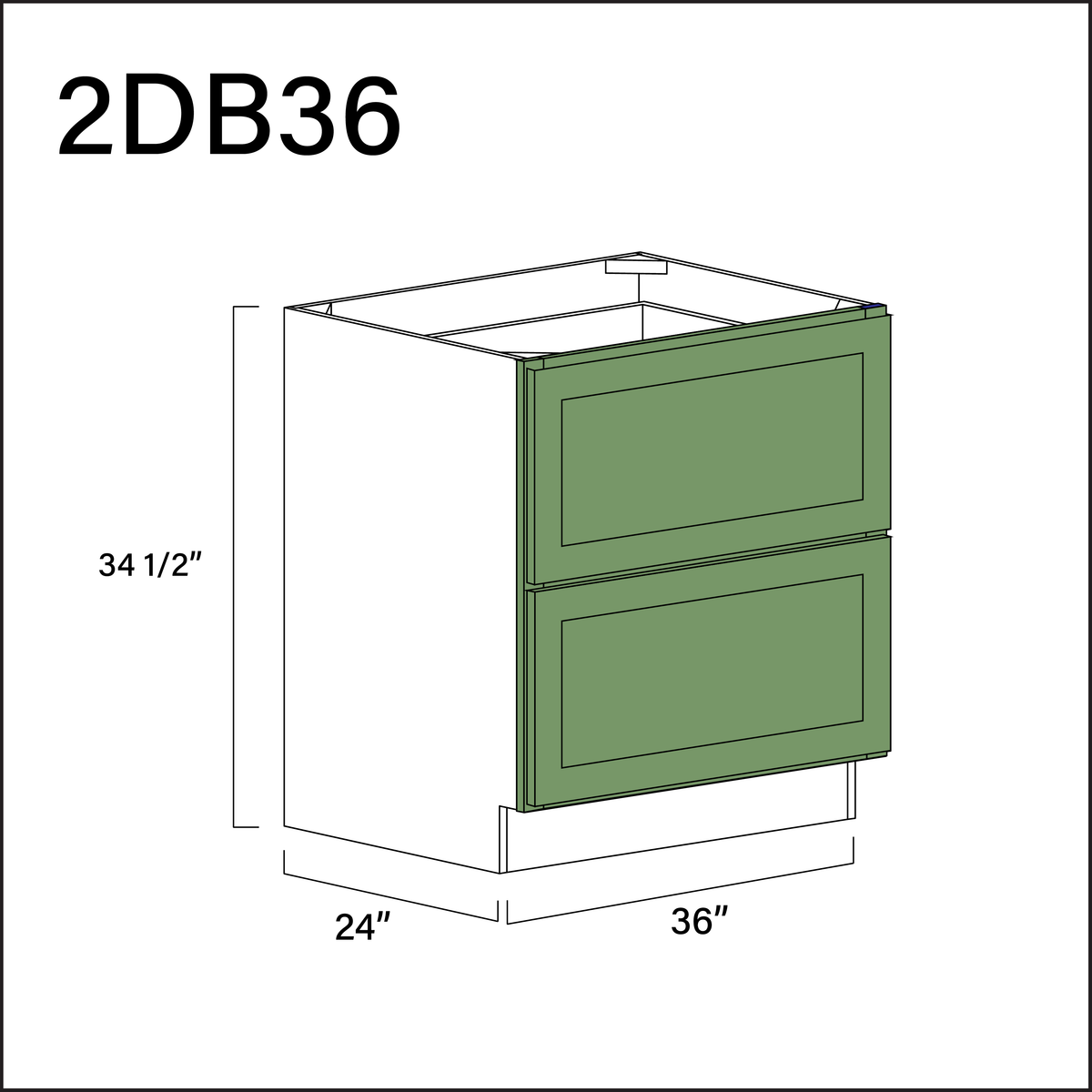 Emerald Green Shaker 2 Drawer Kitchen Base Cabinet - 36" W x 34.5" H x 24" D