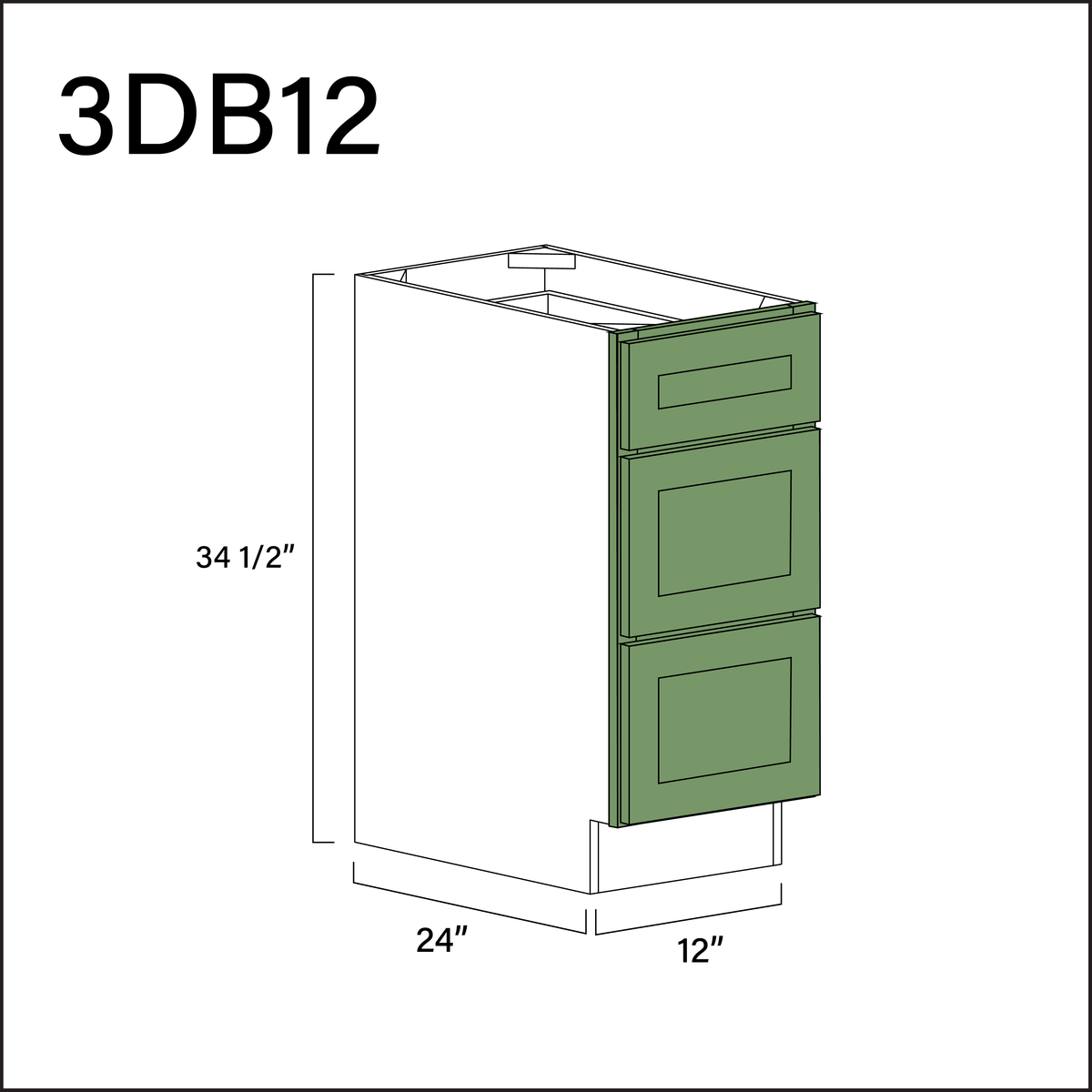 Emerald Green Shaker 3 Drawer Kitchen Base Cabinet - 12" W x 34.5" H x 24" D