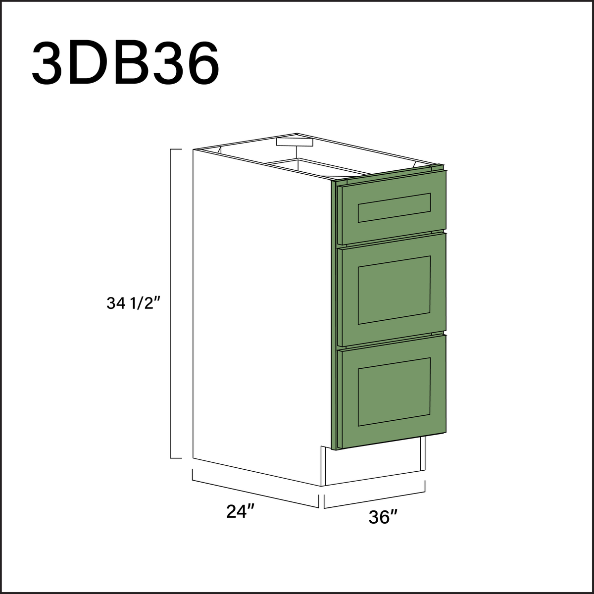 Emerald Green Shaker 3 Drawer Kitchen Base Cabinet - 36" W x 34.5" H x 24" D