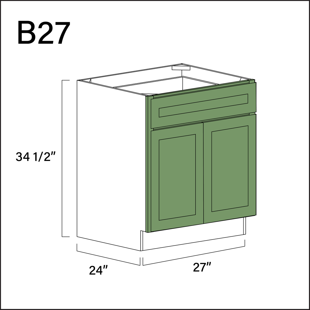 Jade Shaker 1 Drawer 2 Door Kitchen Base Cabinet - 27" W x 34.5" H x 24" D