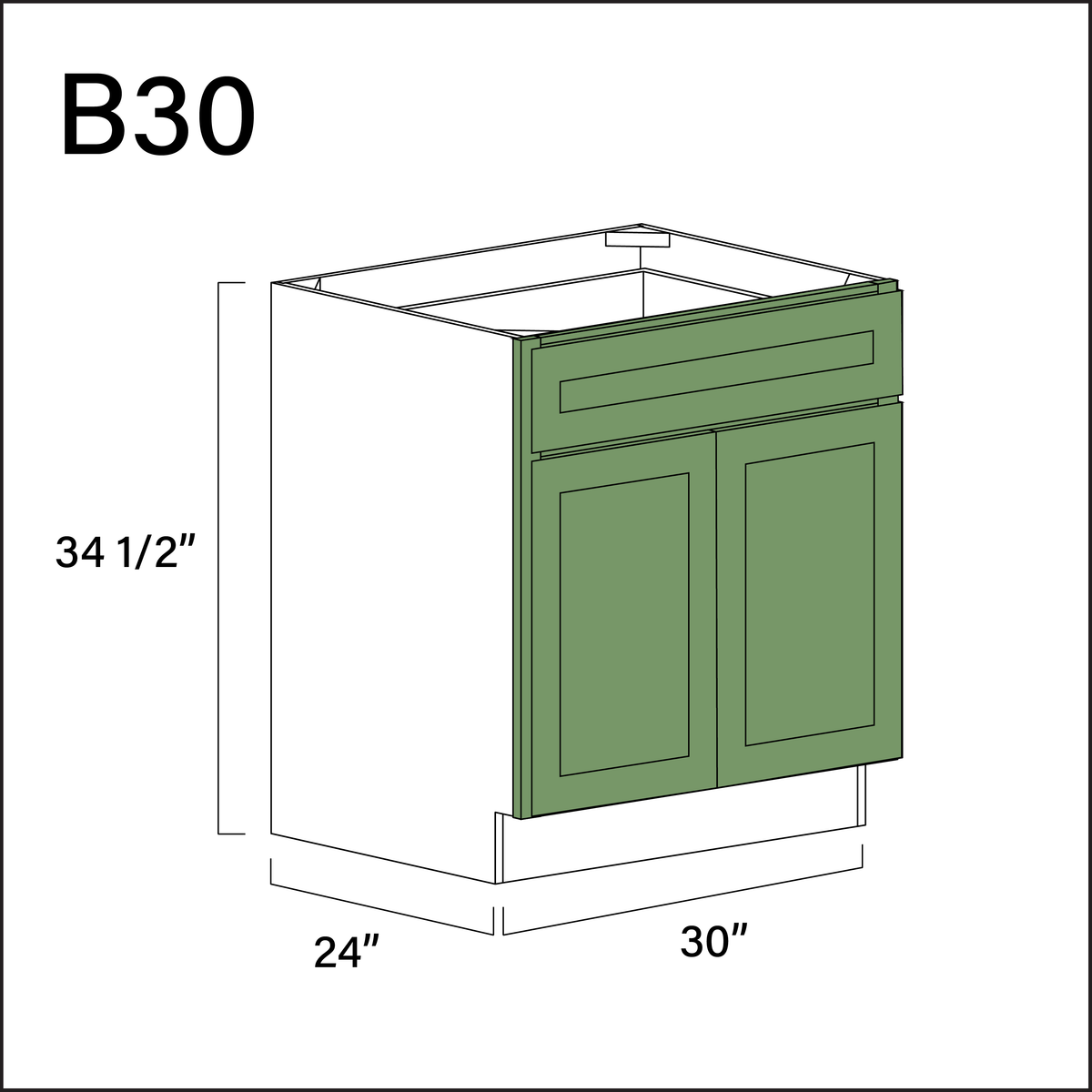 Jade Shaker 1 Drawer 2 Door Kitchen Base Cabinet - 30" W x 34.5" H x 24" D