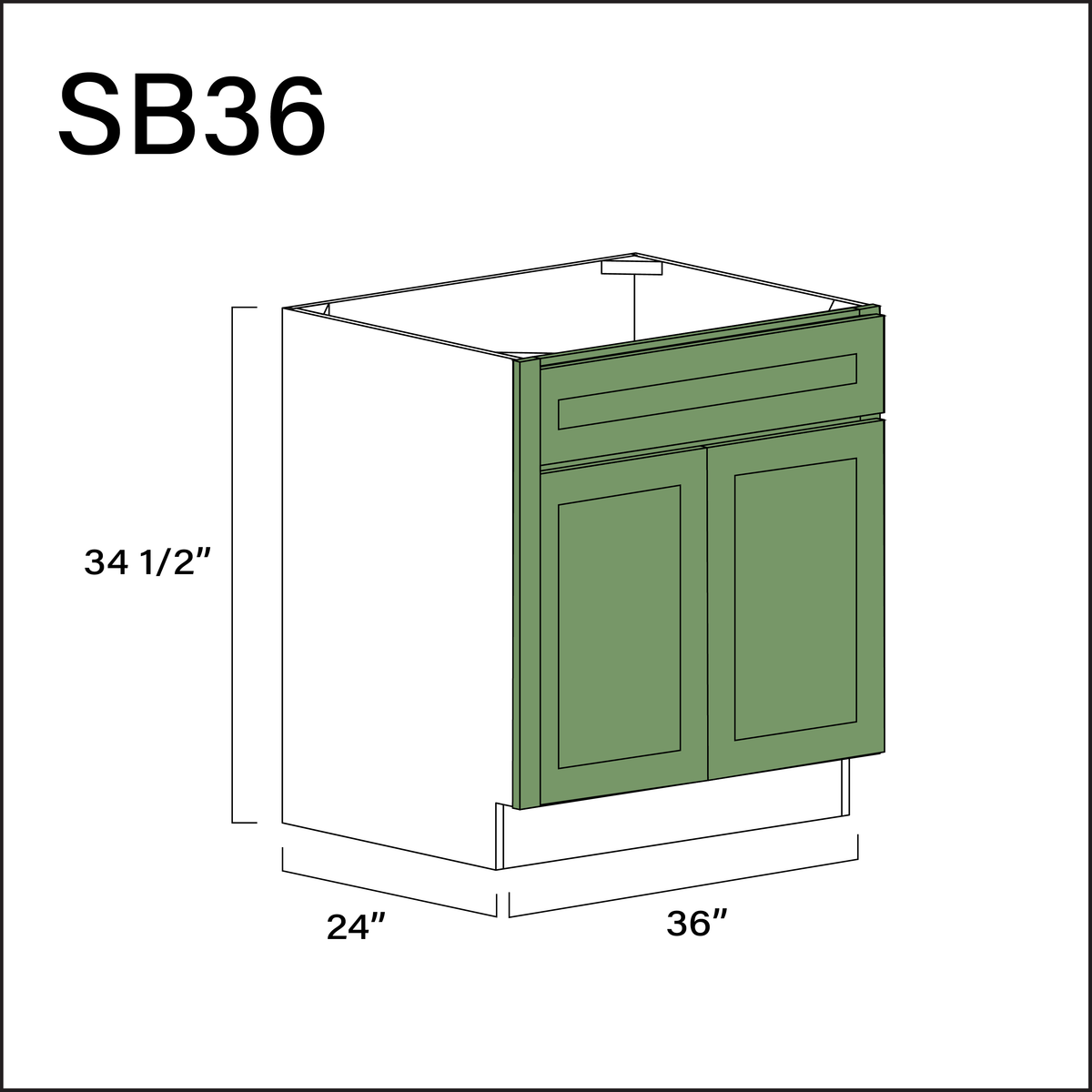 Emerald Green Shaker Sink Base Kitchen Cabinet - 36" W x 34.5" H x 24" D