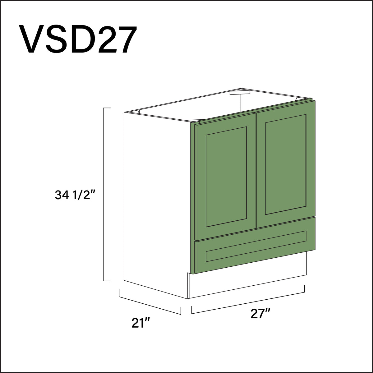 Emerald Green Shaker Bottom Drawer Vanity Sink Base Cabinet - 27" W x 34.5" H x 21" D