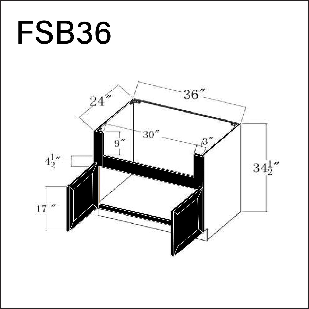 Angel Black Slim Shaker Farmer Sink Base Kitchen Cabinet - 36" W x 34.5" H x 24" D