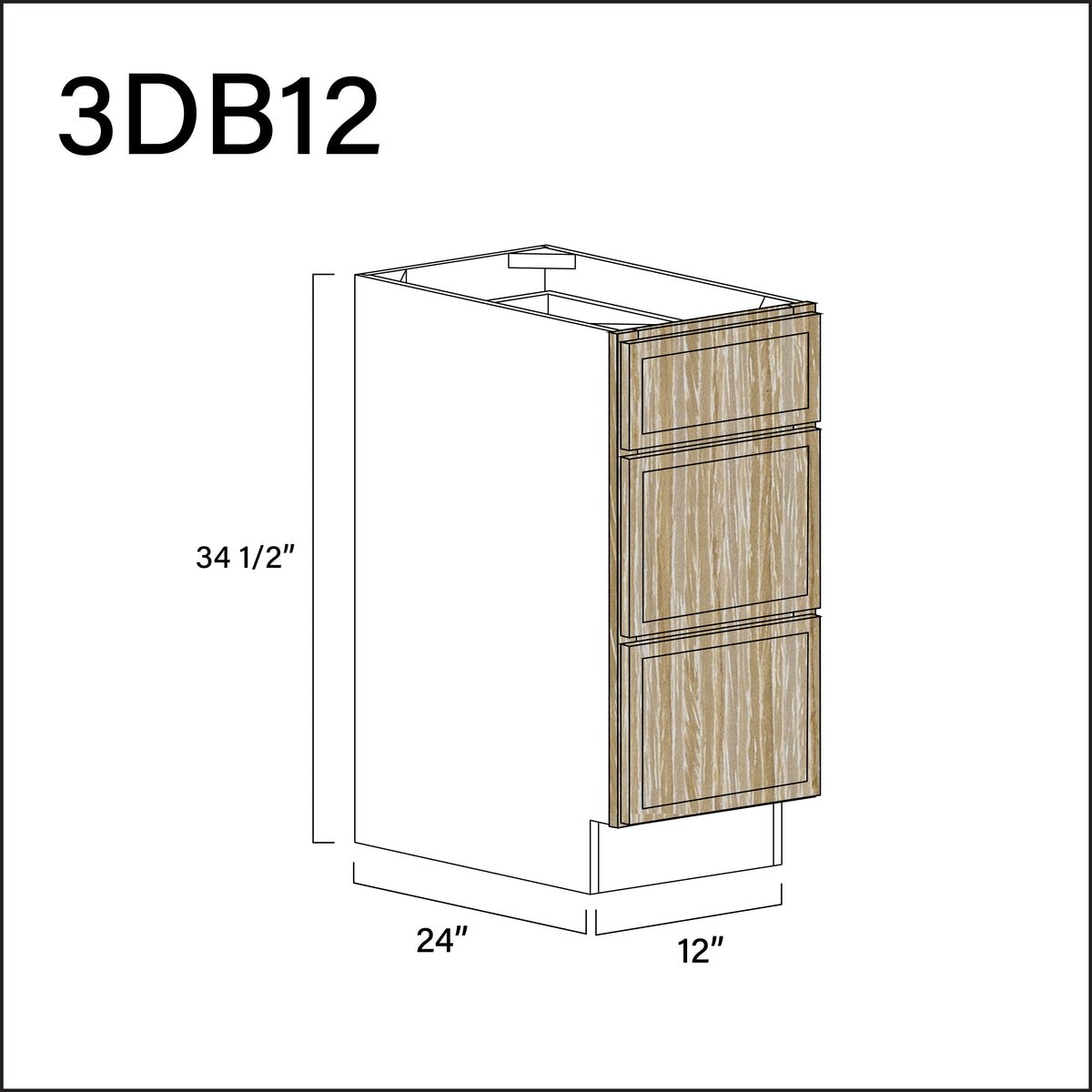 Angel Oak Slim Shaker 3 Drawer Kitchen Base Cabinet - 12" W x 34.5" H x 24" D