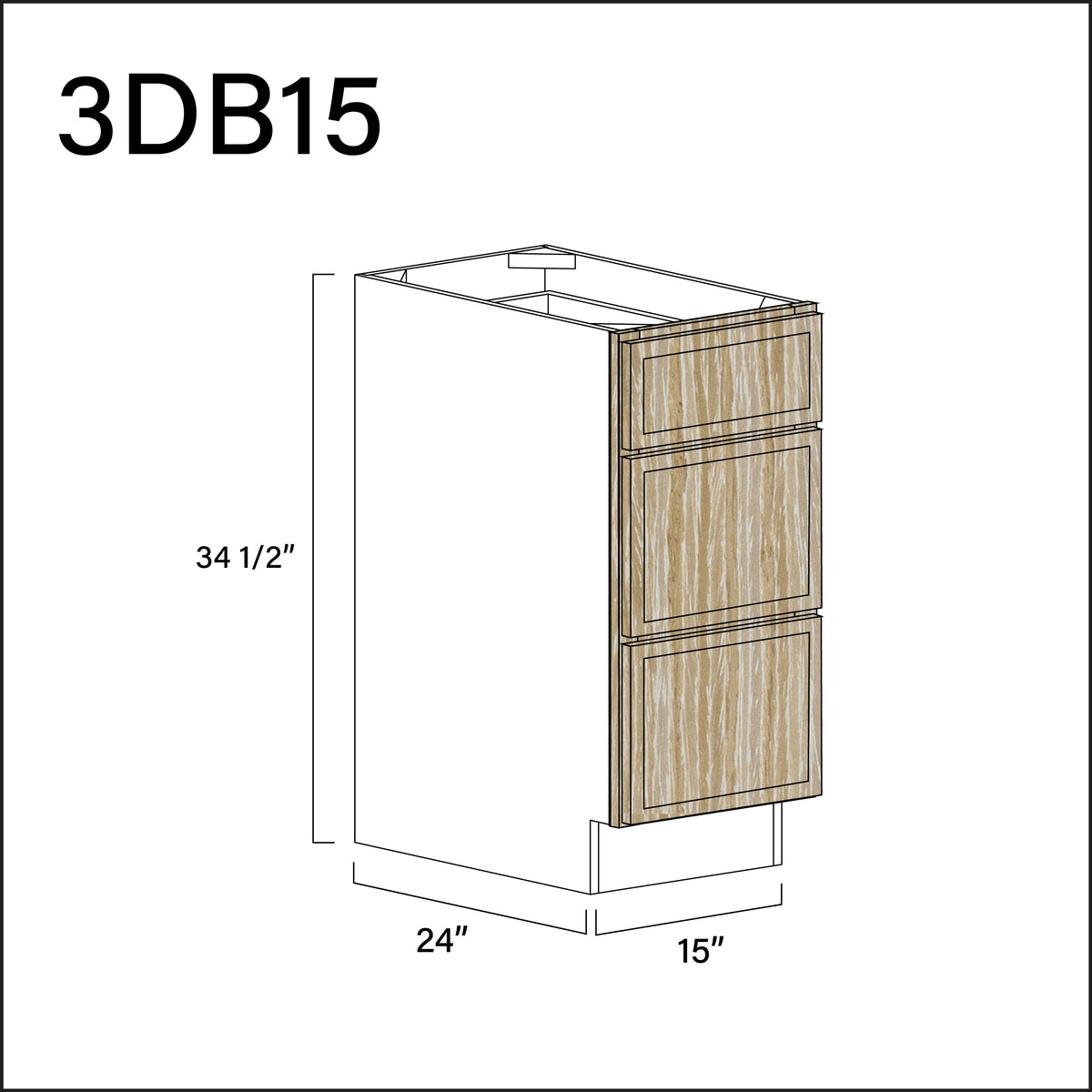 Angel Oak Slim Shaker 3 Drawer Kitchen Base Cabinet - 15" W x 34.5" H x 24" D