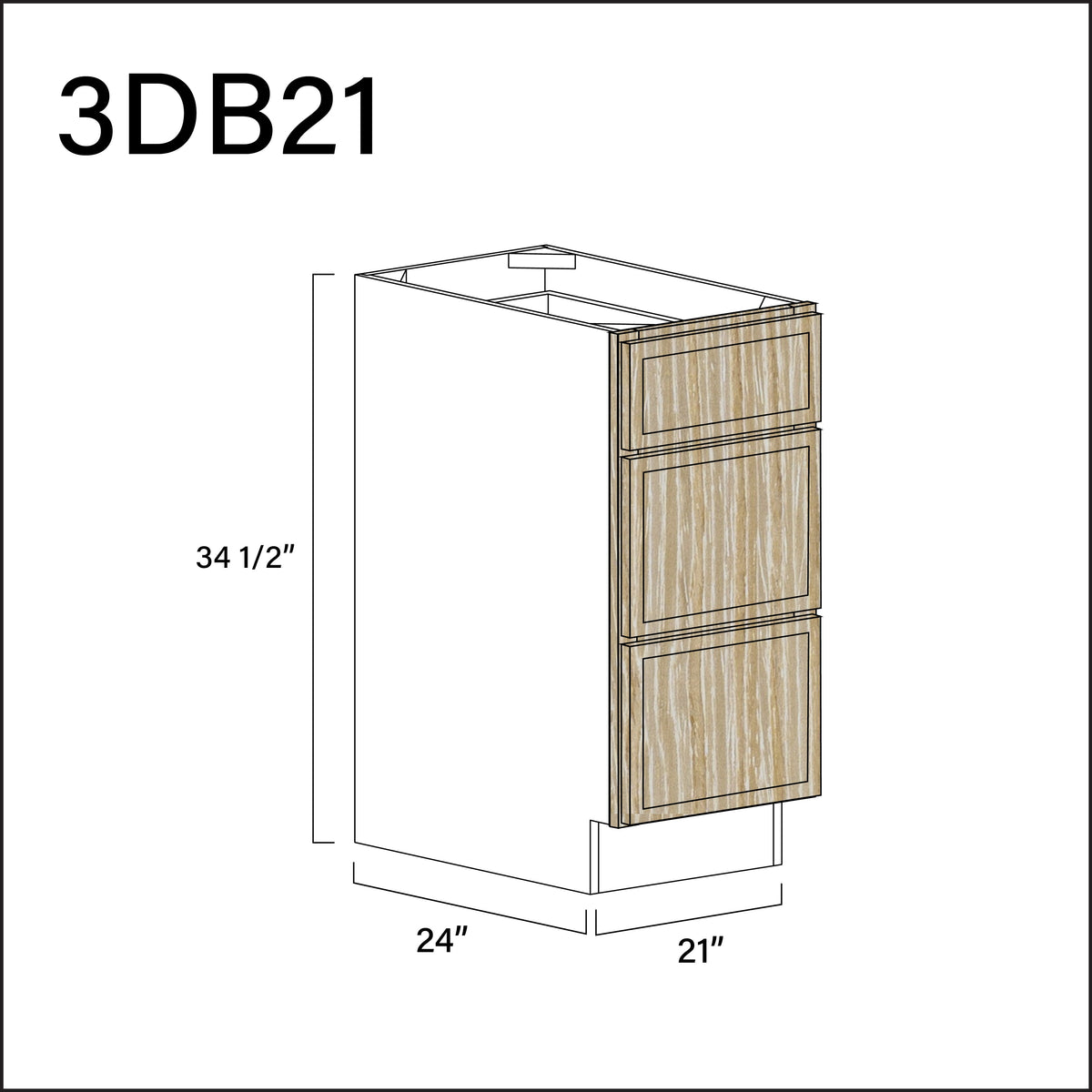 Angel Oak Slim Shaker 3 Drawer Kitchen Base Cabinet - 21" W x 34.5" H x 24" D