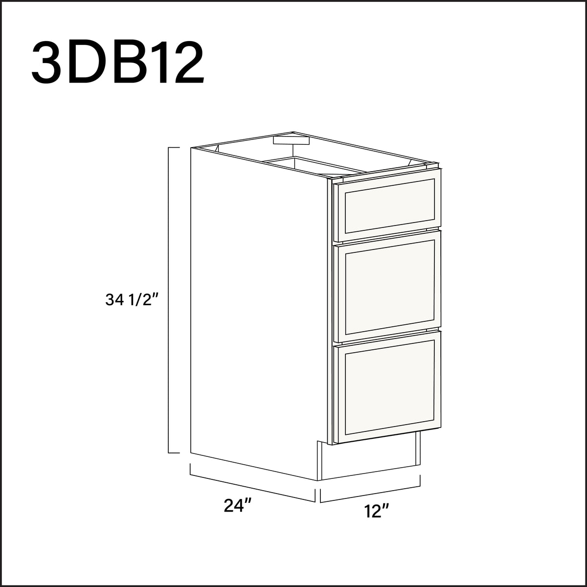 Angel White Slim Shaker 3 Drawer Kitchen Base Cabinet - 12" W x 34.5" H x 24" D