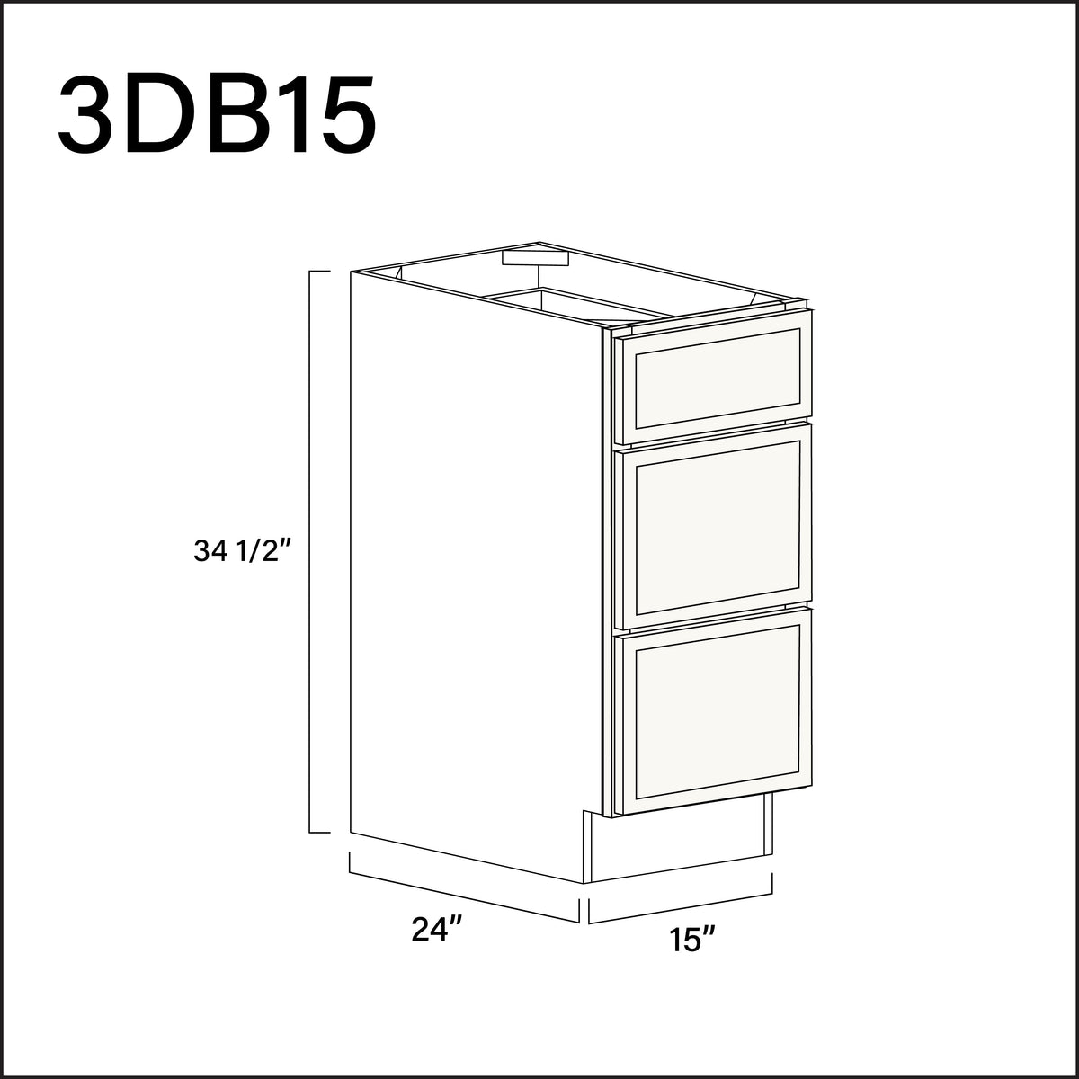 Angel White Slim Shaker 3 Drawer Kitchen Base Cabinet - 15" W x 34.5" H x 24" D