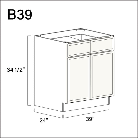 Angel White Slim Shaker 2 Drawer 2 Door Kitchen Base Cabinet - 39" W x 34.5" H x 24" D