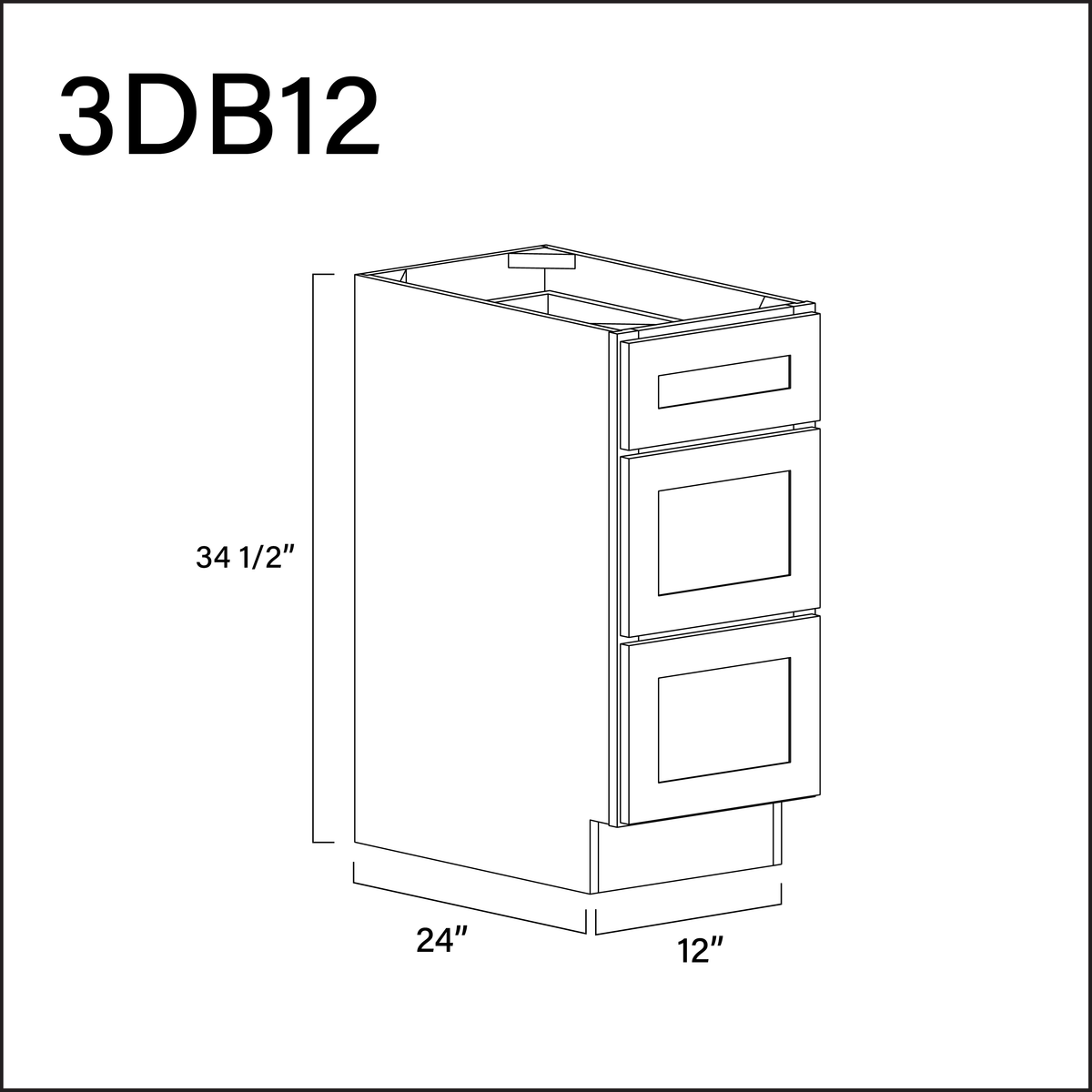 White Shaker 3 Drawer Kitchen Base Cabinet - 12" W x 34.5" H x 24" D