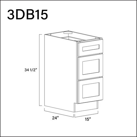 White Shaker 3 Drawer Kitchen Base Cabinet - 15" W x 34.5" H x 24" D