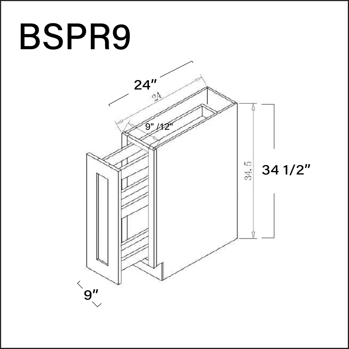 White Shaker Base Spice Rack Cabinet - 9" W x 34.5" H x 24" D