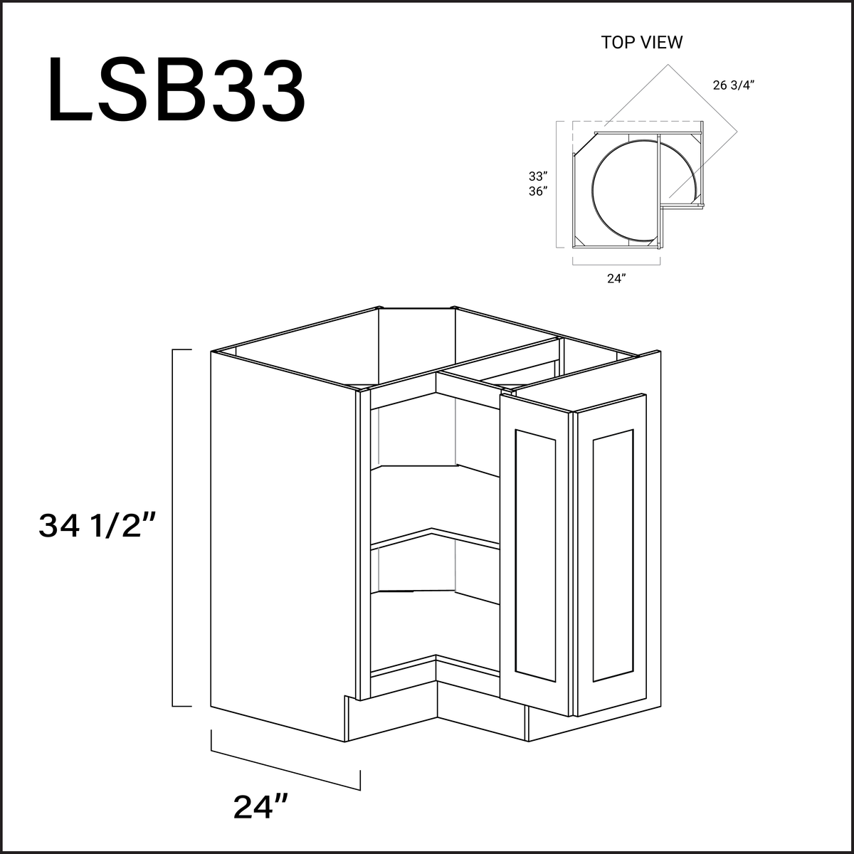 White Shaker Lazy Susan Kitchen Cabinet - 33" W x 34.5" H x 24" D