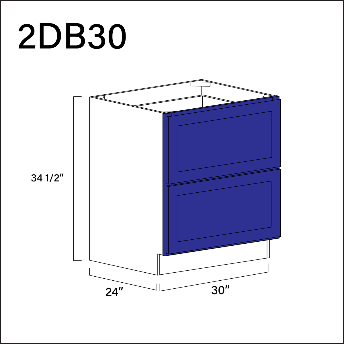 Royal Blue Shaker 2 Drawer Kitchen Base Cabinet - 30" W x 34.5" H x 24" D