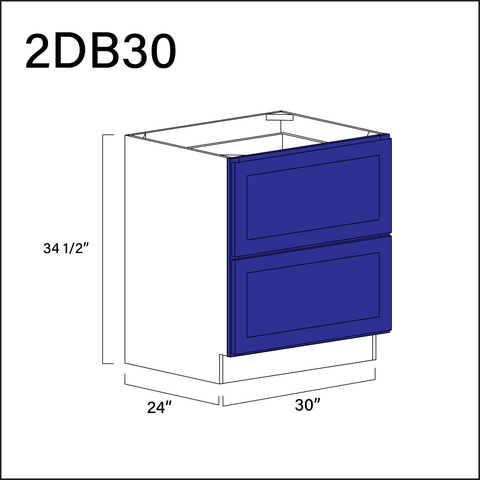 Royal Blue Shaker 2 Drawer Kitchen Base Cabinet - 30" W x 34.5" H x 24" D