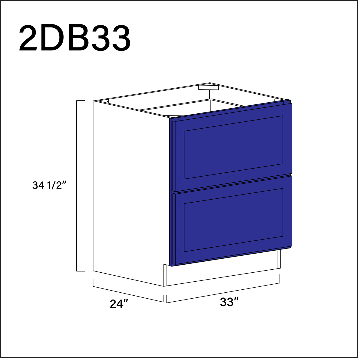 Royal Blue Shaker 2 Drawer Kitchen Base Cabinet - 33" W x 34.5" H x 24" D