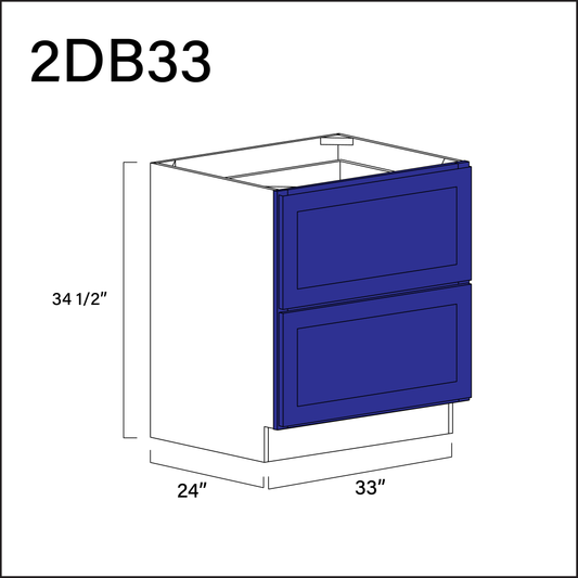 Blue Shaker 2 Drawer Kitchen Base Cabinet - 33" W x 34.5" H x 24" D