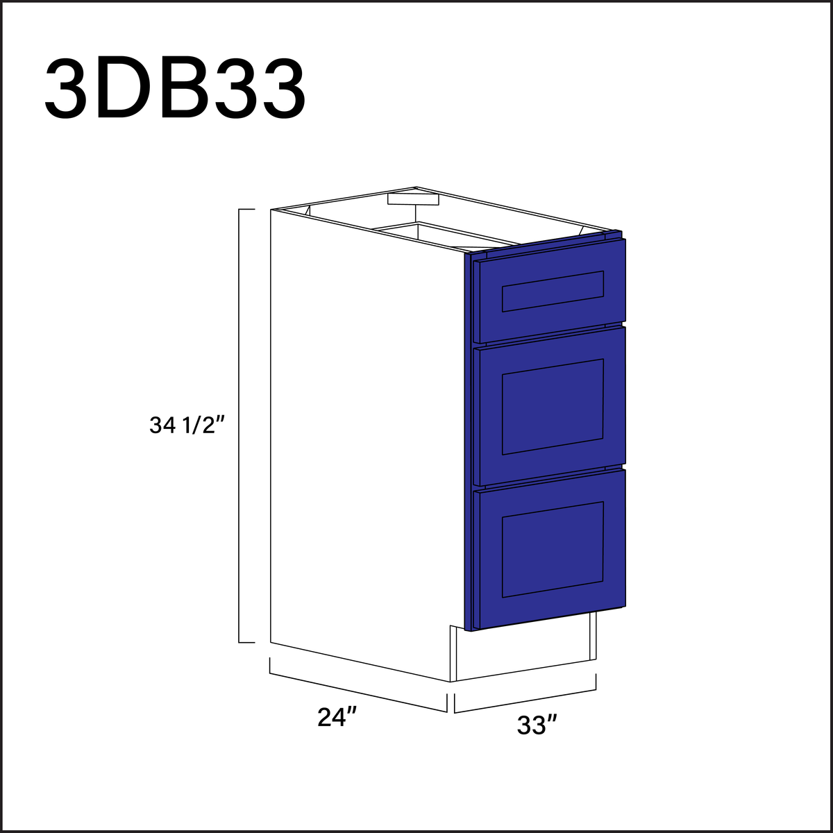 Royal Blue Shaker 3 Drawer Kitchen Base Cabinet - 33" W x 34.5" H x 24" D