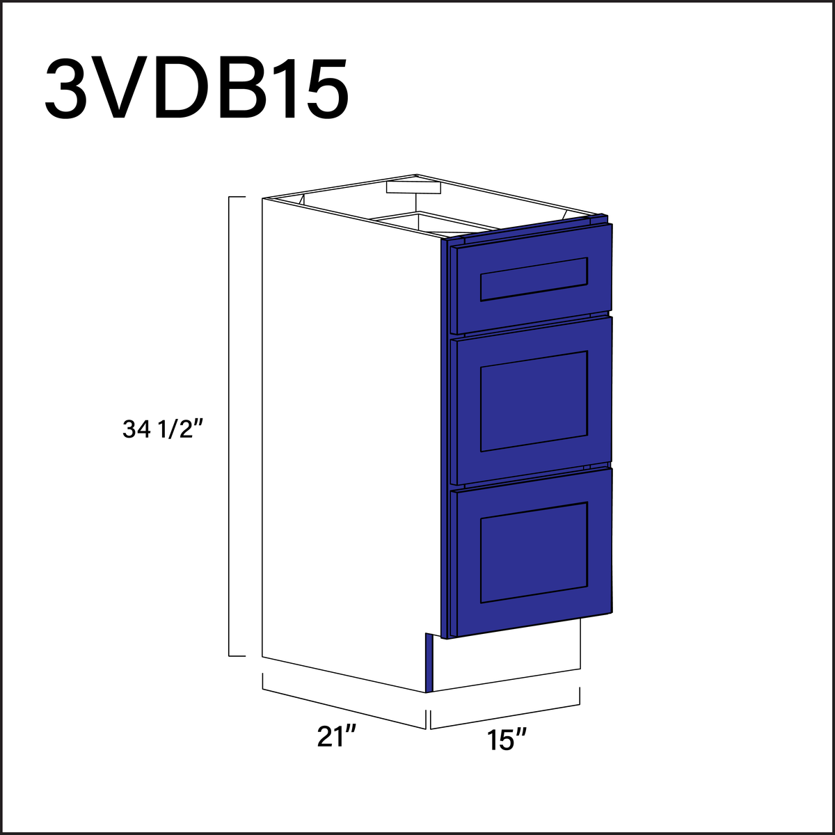 Royal Blue Shaker Vanity 3-Drawer Storage Cabinet - 15" W x 34.5" H x 21" D