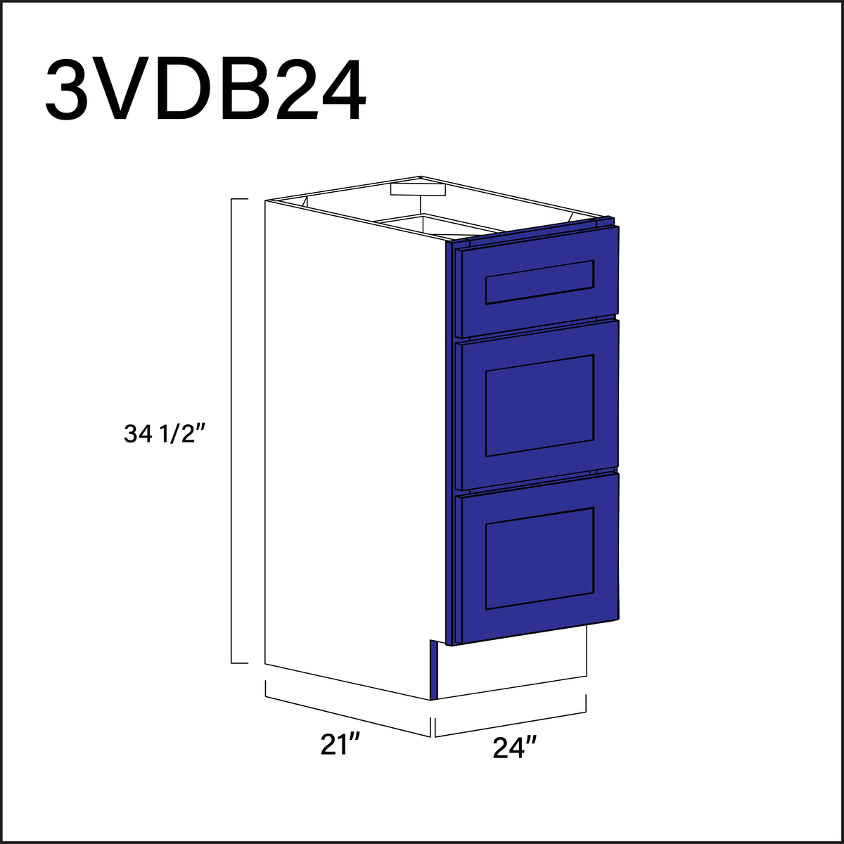 Royal Blue Shaker Vanity 3-Drawer Storage Cabinet - 24" W x 34.5" H x 21" D