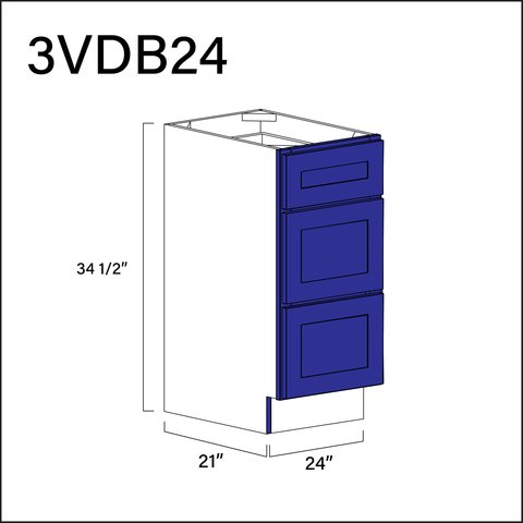 Royal Blue Shaker Vanity 3-Drawer Storage Cabinet - 24" W x 34.5" H x 21" D