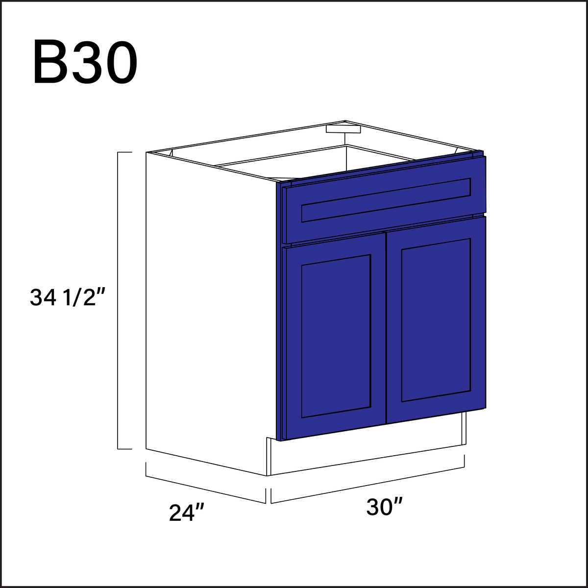 Blue Shaker 1 Drawer 2 Door Kitchen Base Cabinet - 30" W x 34.5" H x 24" D