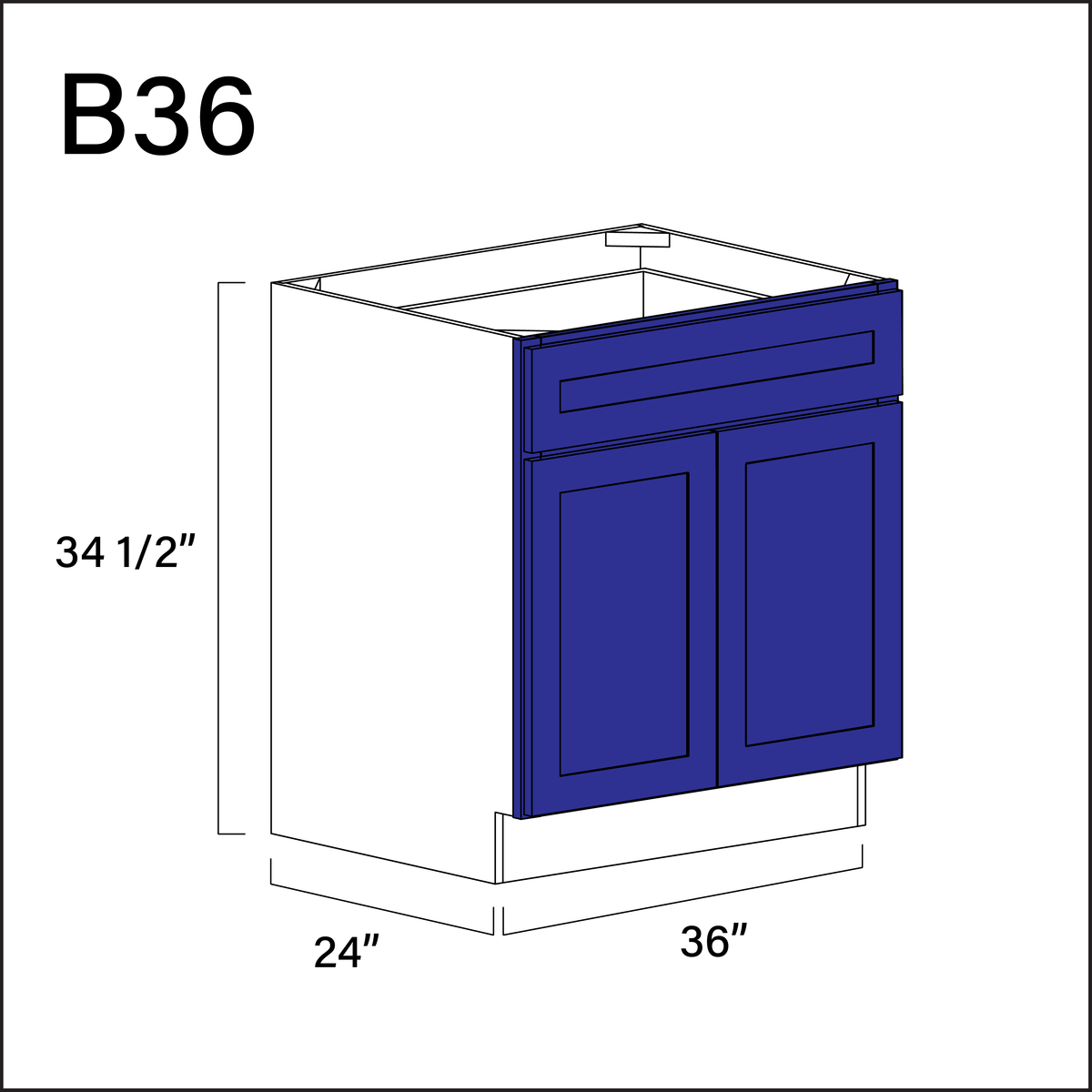 Blue Shaker 1 Drawer 2 Door Kitchen Base Cabinet - 36" W x 34.5" H x 24" D