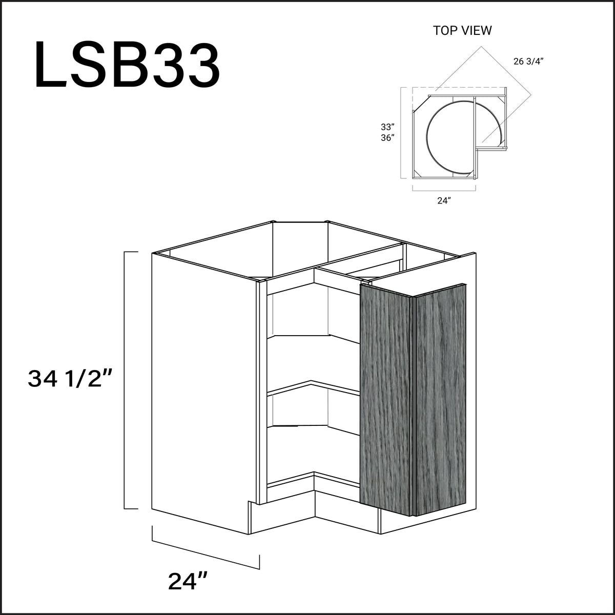 Textured Gray Frameless Lazy Susan Kitchen Cabinet - 33" W x 34.5" H x 24" D