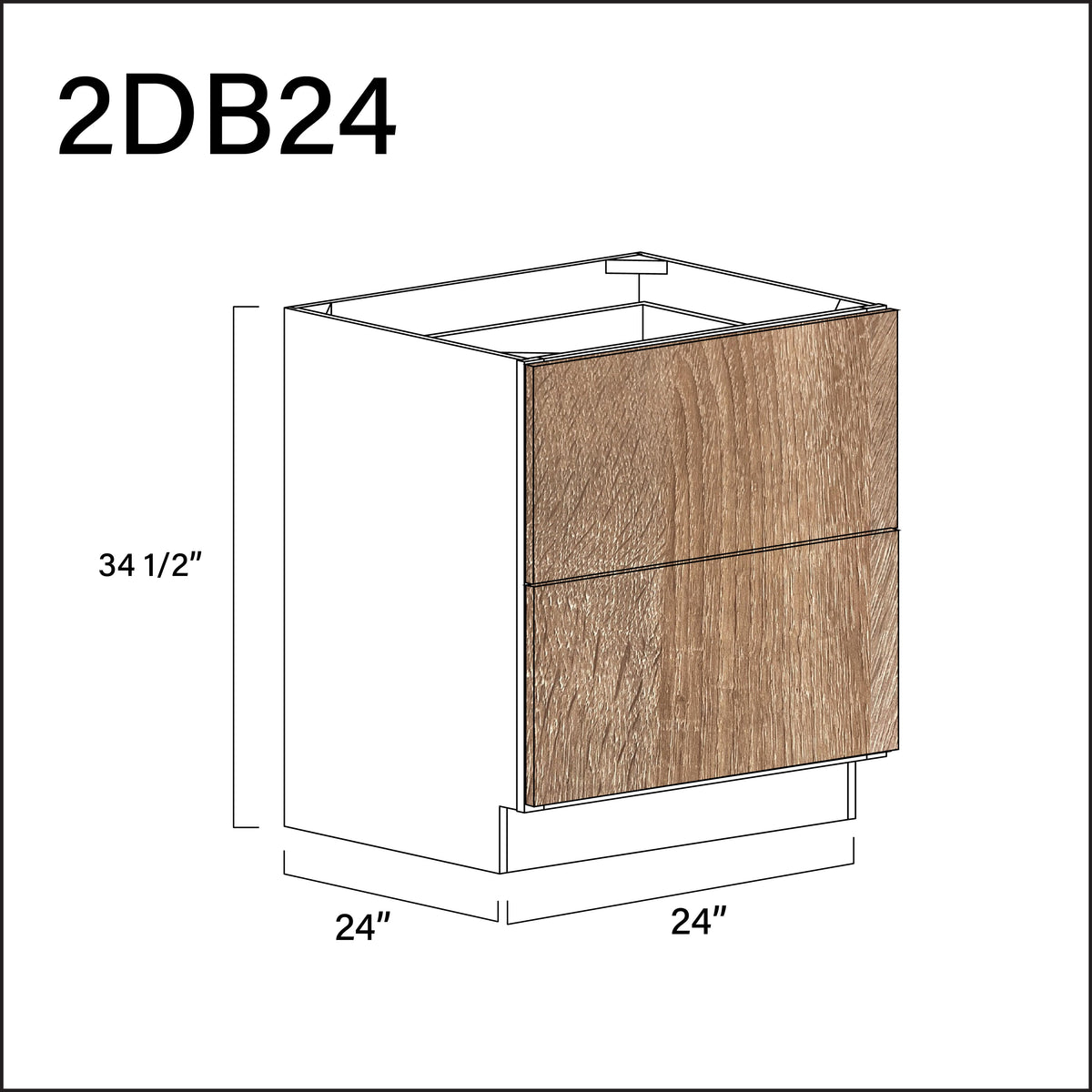 Textured Oak Frameless 2 Drawer Kitchen Base Cabinet - 24" W x 34.5" H x 24" D