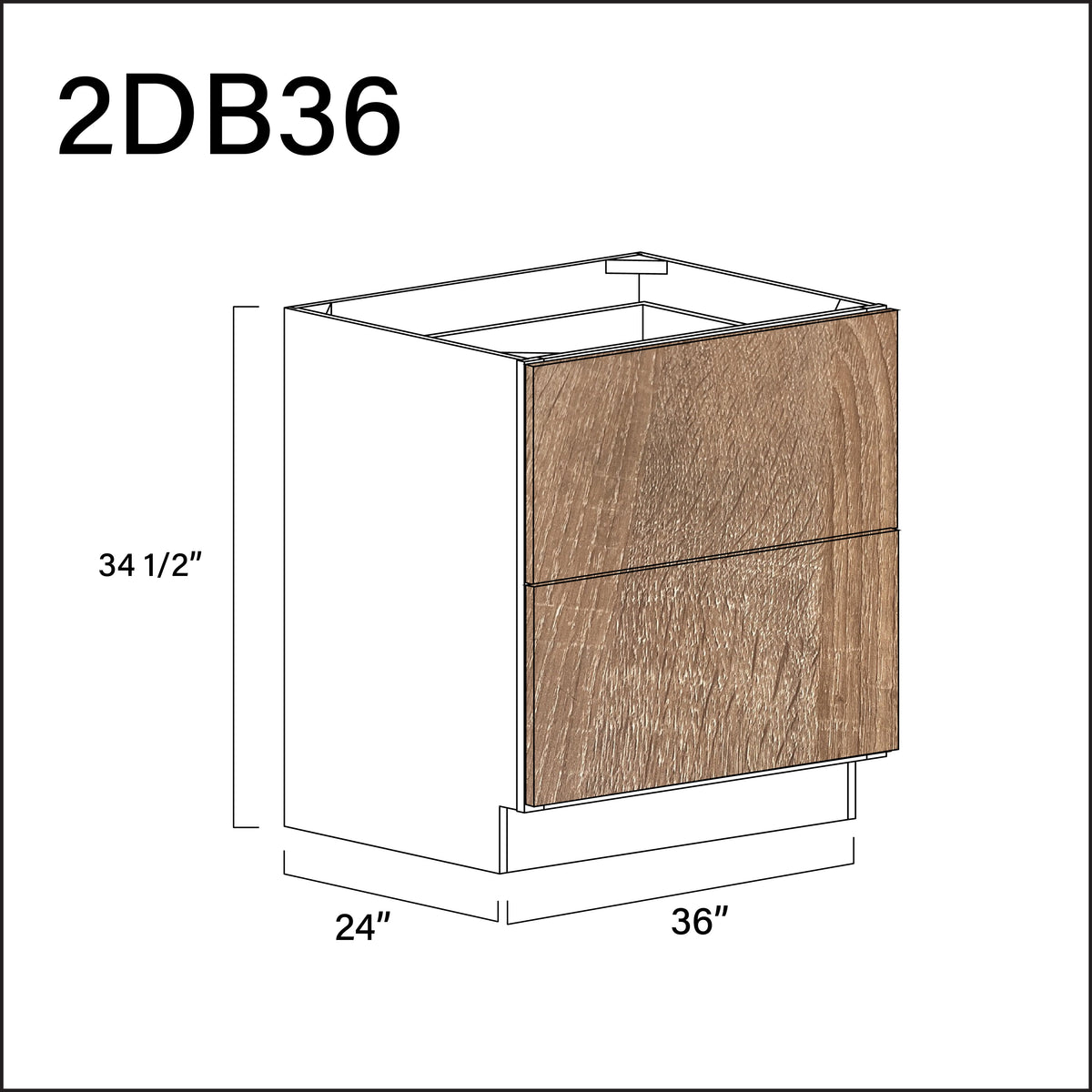 Textured Oak Frameless 2 Drawer Kitchen Base Cabinet - 36" W x 34.5" H x 24" D