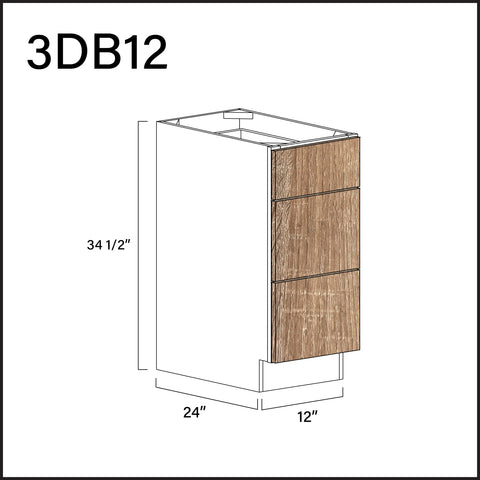 Textured Oak Frameless 3 Drawer Kitchen Base Cabinet - 12" W x 34.5" H x 24" D