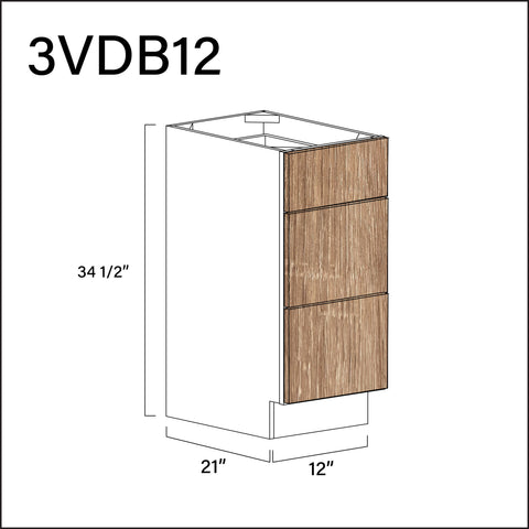 Textured Oak Frameless Vanity 3-Drawer Storage Cabinet - 12" W x 34.5" H x 21" D