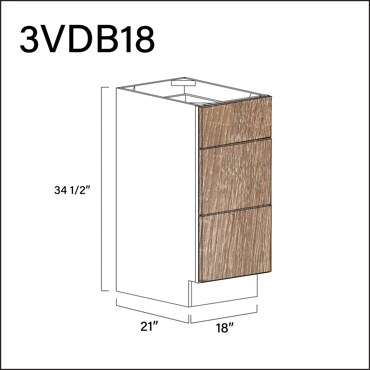 Textured Oak Frameless Vanity 3-Drawer Storage Cabinet - 18" W x 34.5" H x 21" D