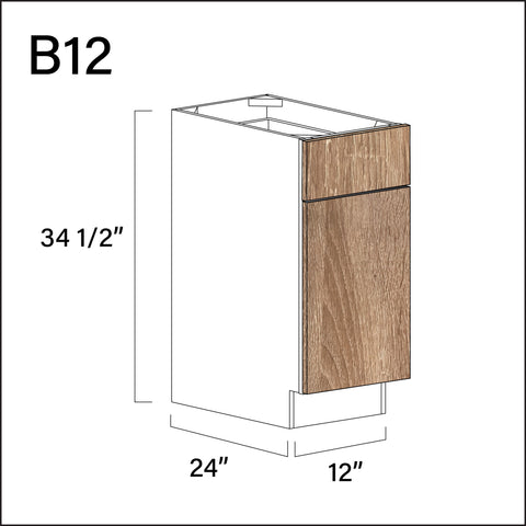 Textured Oak Frameless 1 Drawer 1 Door Kitchen Base Cabinet - 12" W x 34.5" H x 24" D