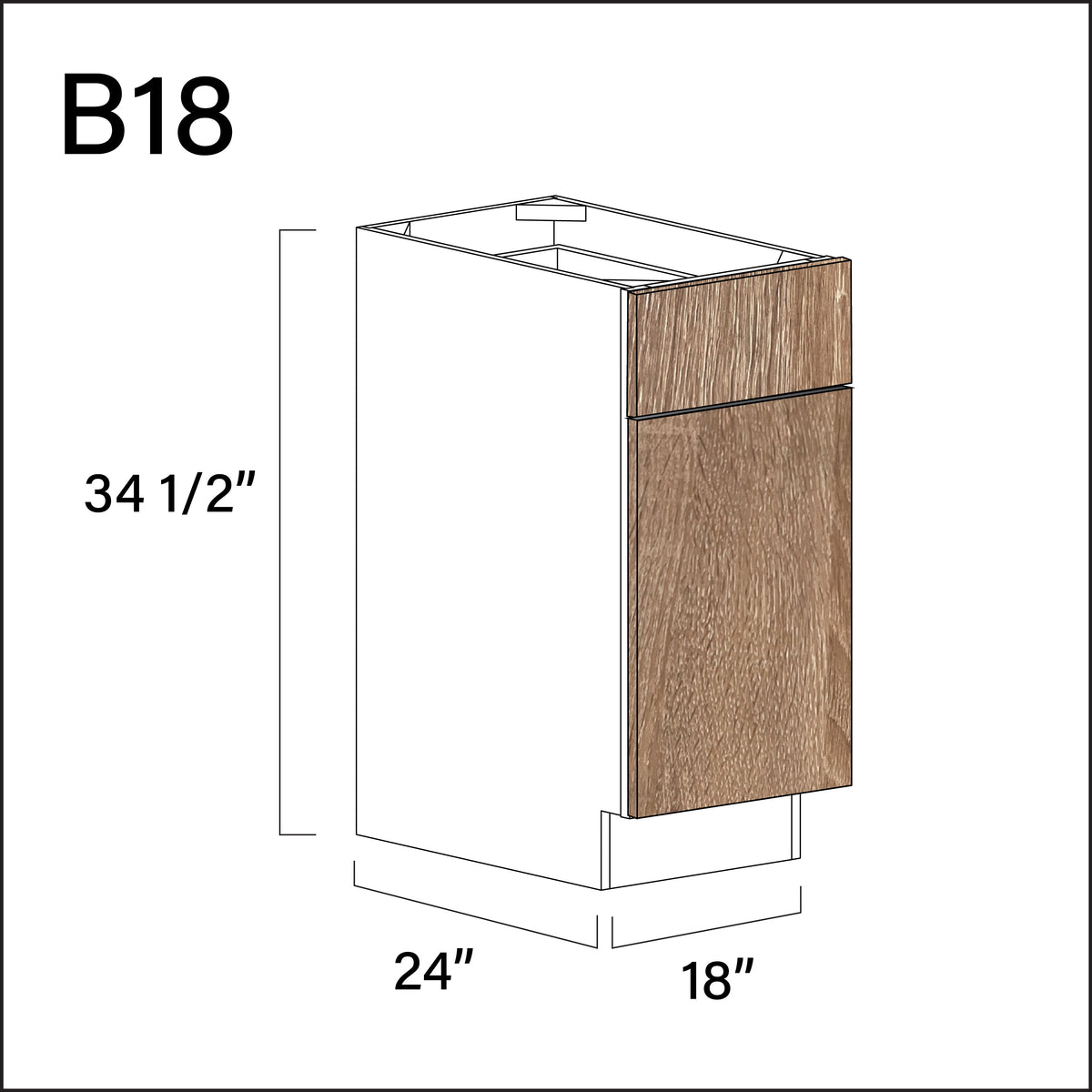 Textured Oak Frameless 1 Drawer 1 Door Kitchen Base Cabinet - 18" W x 34.5" H x 24" D