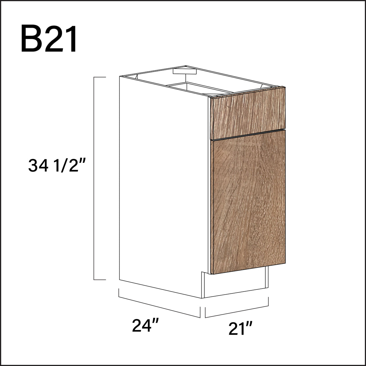 Textured Oak Frameless 1 Drawer 1 Door Kitchen Base Cabinet - 21" W x 34.5" H x 24" D