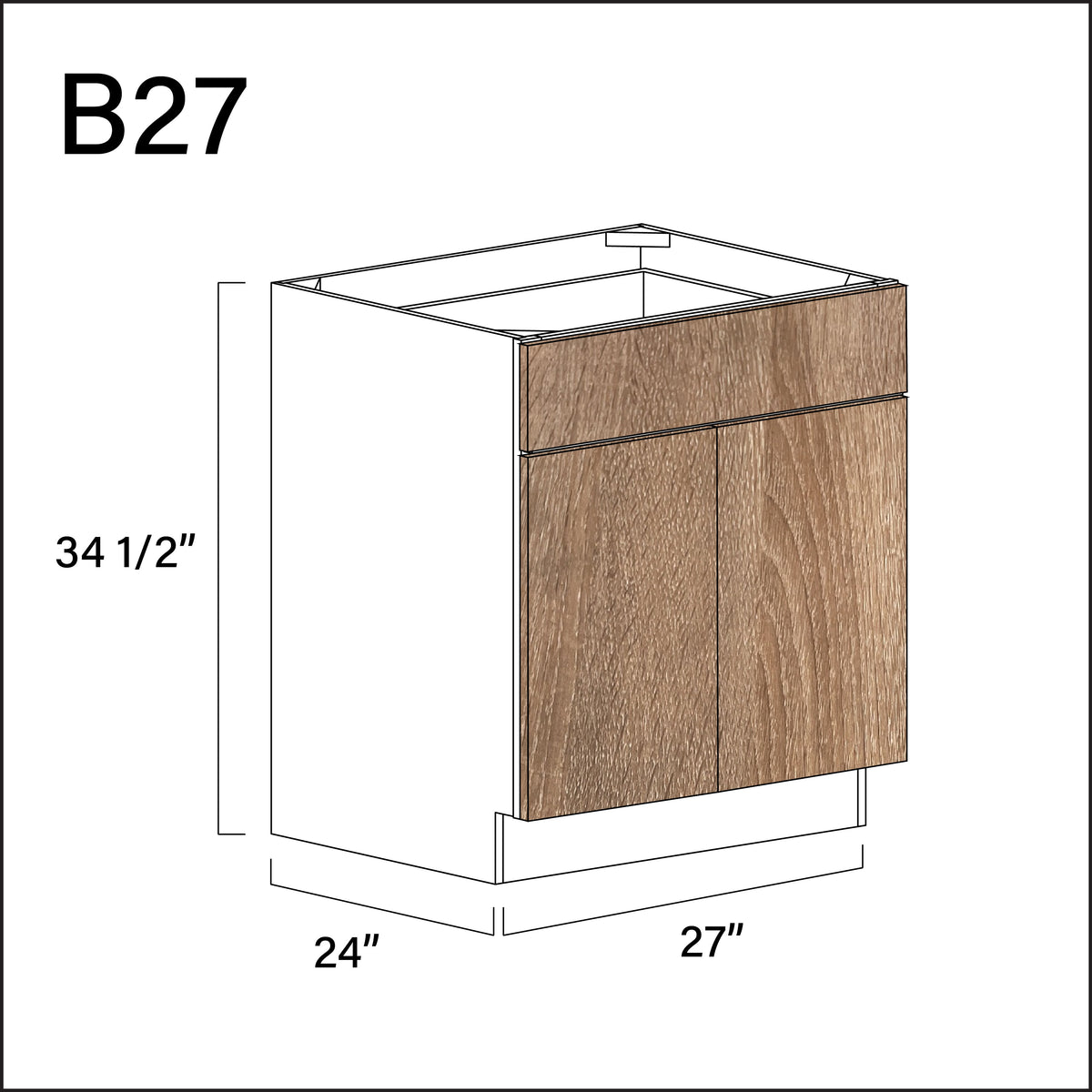 Textured Oak Frameless 1 Drawer 2 Door Kitchen Base Cabinet - 27" W x 34.5" H x 24" D