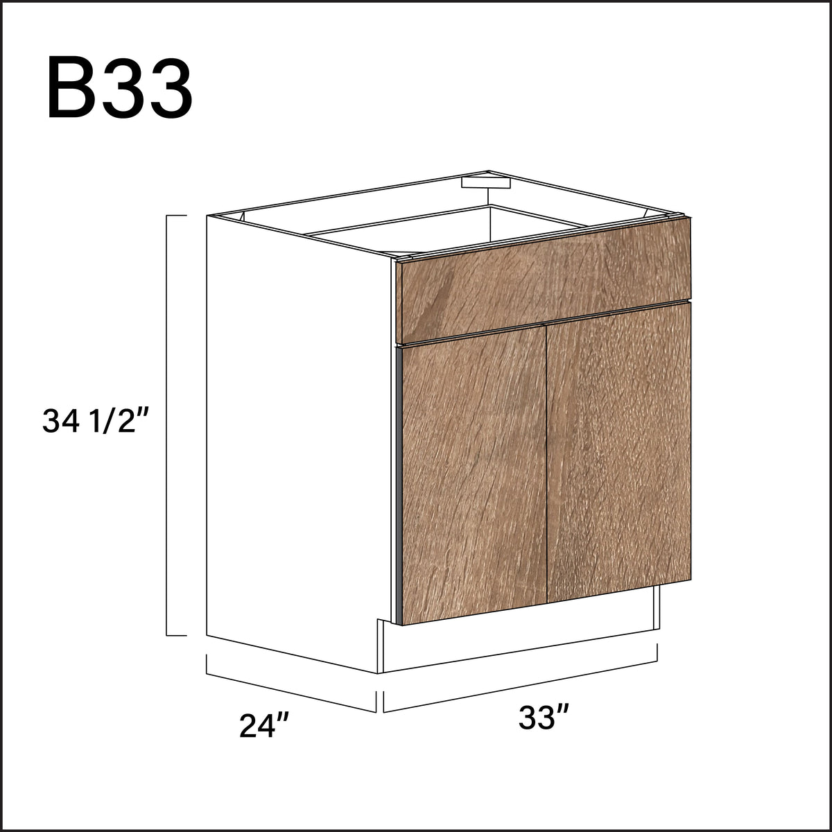 Textured Oak Frameless 1 Drawer 2 Door Kitchen Base Cabinet - 33" W x 34.5" H x 24" D