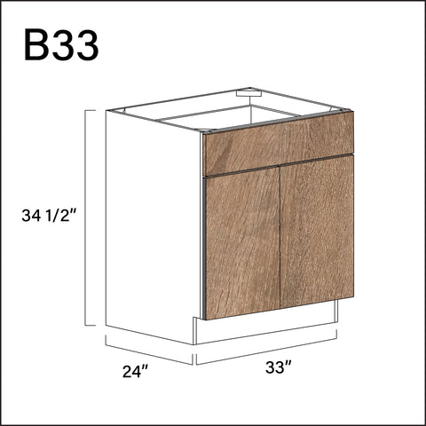 Textured Oak Frameless 1 Drawer 2 Door Kitchen Base Cabinet - 33" W x 34.5" H x 24" D