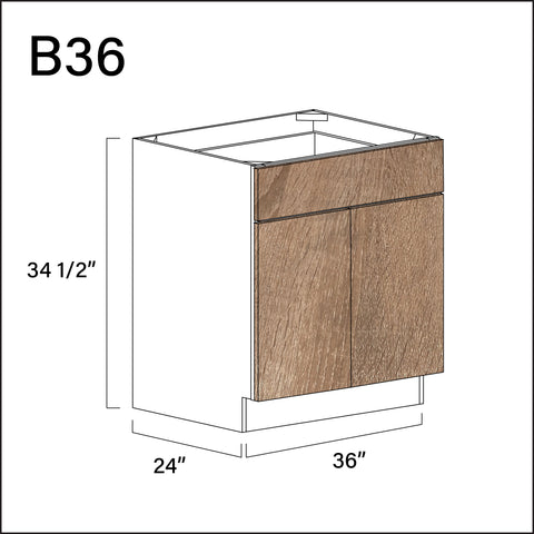 Textured Oak Frameless 1 Drawer 2 Door Kitchen Base Cabinet - 36" W x 34.5" H x 24" D